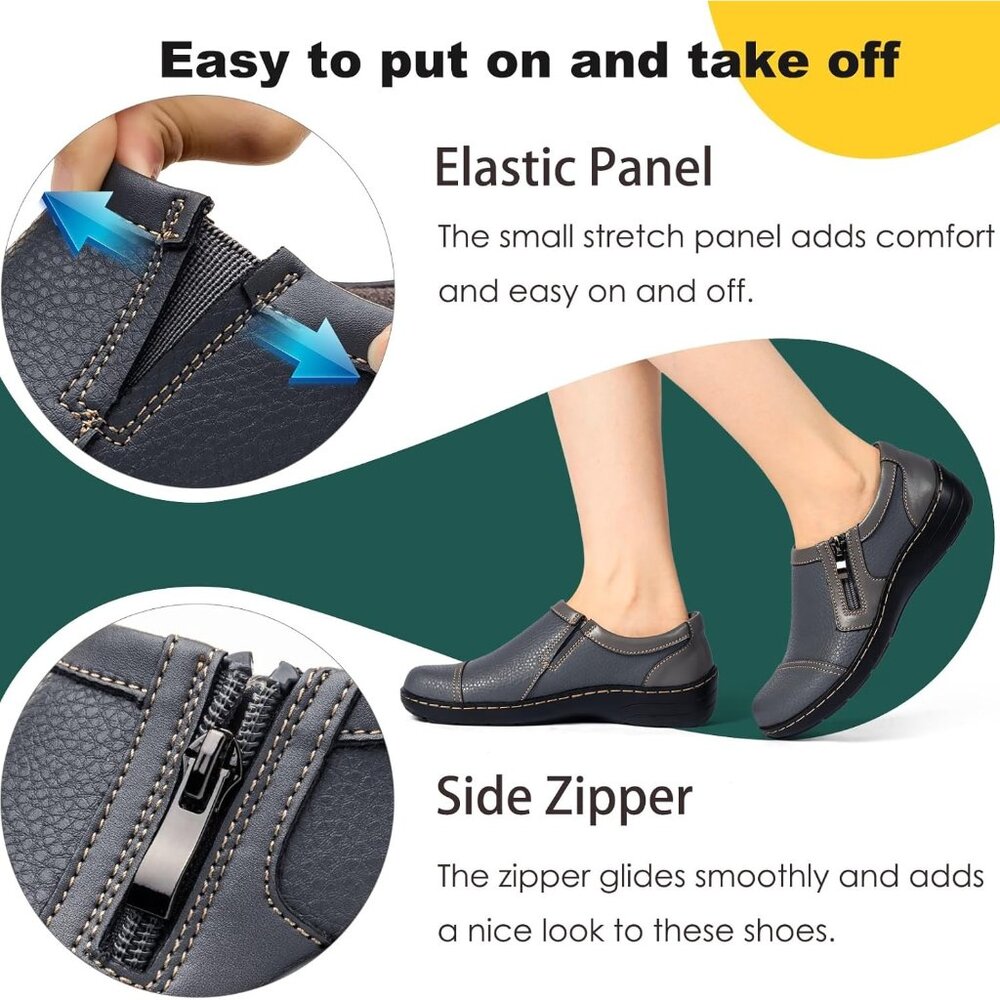 👑Women's Comfortable And Lightweight Grey Leather Loafers Casual Zipper Closure - Picture 4 of 9